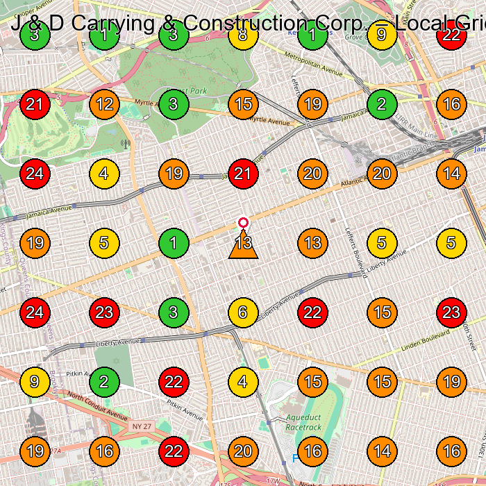 J & D Carrying & Construction Corp. Dumpster Rental Service GeoGrid ranking map for Queens NY
